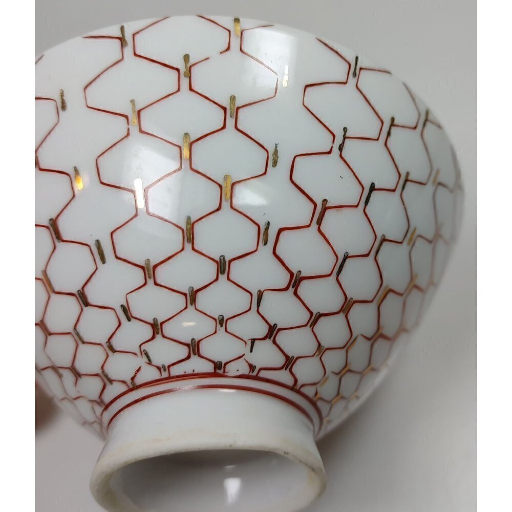 Japanese Porcelain Red White Geometric Pattern Footed Rice Bowl Set Of 3 - Picture 13 of 13